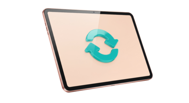Tablet with refresh icon isolated on transparent background, device for software update and data synchronization