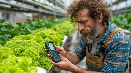 Farmer Using Handheld Device to Monitor Agriculture Growth in Sunlit Greenhouse