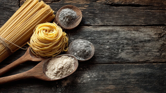 Rustic arrangement of uncooked pasta and flour on wooden spoons rests on textured wooden surface, evoking sense of traditional Italian cooking. scene is warm and inviting