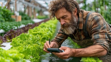 Farmer Using Smartphone to Monitor Leafy Greens in Hydroponic Greenhouse