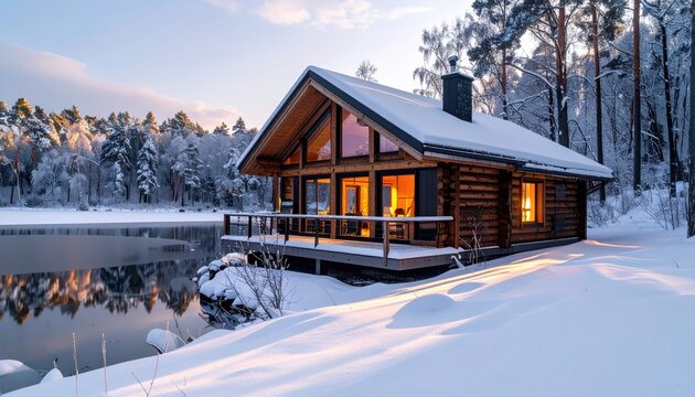 Snowy log cabin by lake, winter light