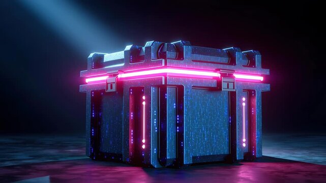 Glossy futuristic loot box glowing neon pink and blue light, dramatic spotlight and cyberpunk holographic crate, mysterious treasure chest