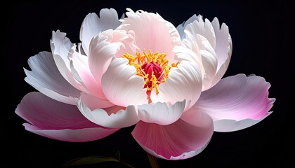 Light pink peony bloom, vibrant center, dark background