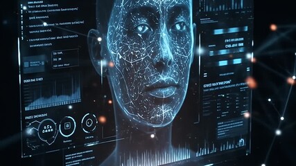 Futuristic Digital Human Face Scan with Data Analysis. - Powered by Adobe