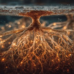 Artistic Tree with Glowing Root Network Resembling Neural Pathways and Electrical Circuits