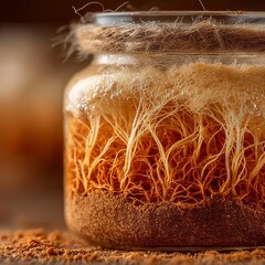 Layered Glass Jar with Soil, Fungal Mycelium, and Root-Like Growth in Controlled Environment