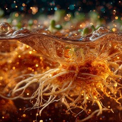 Close-Up of Submerged Plant Roots in Hydroponic System with Glowing Particles and Water Ripples