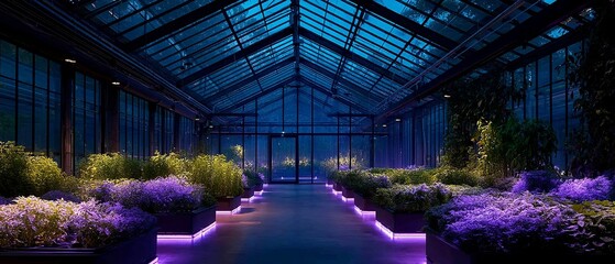 Neon-Lit Indoor Pool in Glass Greenhouse with Potted Trees and Misty Atmosphere
