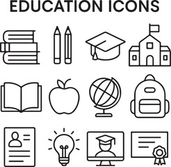 Education linear icon design pack, books, pencils, graduation cap, school, online learning