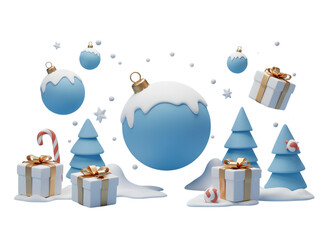 3D Christmas Scene with Blue Ornaments, Gifts, and Snowy Trees &ndash; Transparent Background