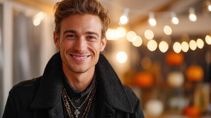 Fototapeta premium Young man smiling at Halloween party with pumpkin decorations and lights 