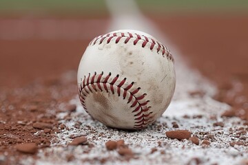 Baseball resting on foul line during game