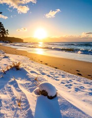 Snowy beach sunrise