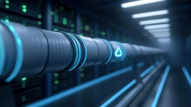 Futuristic data center cable server rack fiber optic cable blue lighting network infrastructure corridor cloud storage pipeline glowing neon cloud