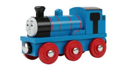 Blue wooden toy train isolated, Thomas the Tank Engine toy for kids and collectors, no background