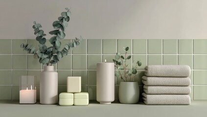 Spa-like bathroom setting with eucalyptus, towels, and candles.