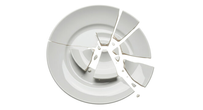 Broken white ceramic plate isolated on transparent background, shattered dishware for accident or failure concept