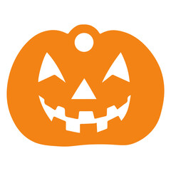 Orange jack o lantern with a cutout face and a small white circle at the top for hanging decoration