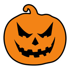 Orange halloween pumpkin with black facial features and a curling stem on a white background image