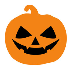 A halloween pumpkin with a carved face and a stem on top in orange color against a white background