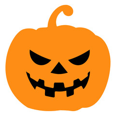 Illustration of an orange jack o lantern with a menacing face and a curved stem on a white background