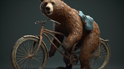 Obraz premium A Photorealistic Image of a Large Brown Bear Riding an Old Bicycle with a Saddlebag