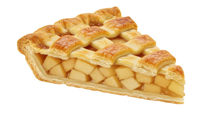 Delicious slice of apple pie isolated, classic American dessert with lattice crust and sweet filling on a transparent background