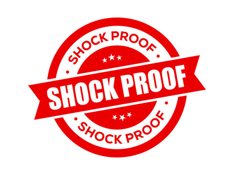 Shock Proof Rubber Stamp. Shock Proof Certified Quality Circle Stamp or Red Ribbon Badge Label for Durable and Protected Electronic Products