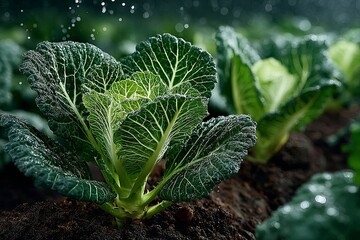 Close-Up of Dew-Covered Cabbages Growing in Rich Soil with Prominent Leaf Texture
