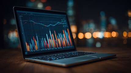 Laptop displaying colorful financial graph with bar and line charts is set against blurred cityscape at night, creating dynamic and analytical atmosphere