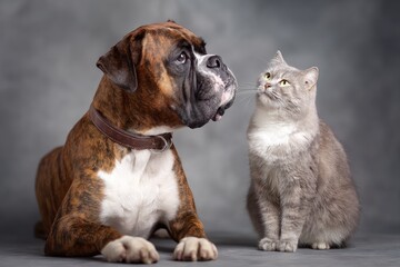 Obraz premium Boxer Dog and Tabby Cat Posing Together in Studio Portrait.