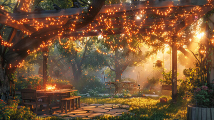 Fototapeta premium Backyard pergola with string lights creating magical evening ambiance
