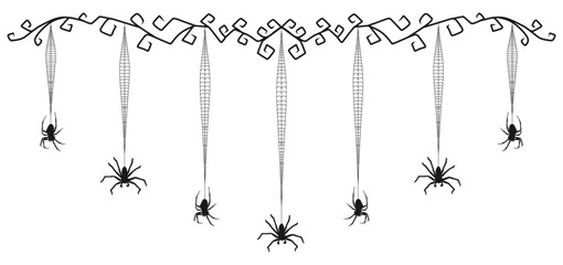 Illustration of multiple spiders hanging from curly decorative branches on long cobweb threads. The design is in black silhouette style, creating a spooky and eerie Halloween-themed border decoration.