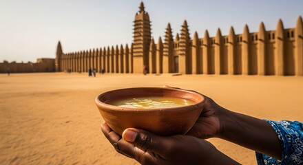 Person holding a bowl of ginger juice in front of a great mud-brick mosque in Africa