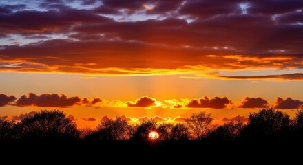 Obraz premium Dramatic sunset with vibrant orange and purple clouds over silhouetted trees