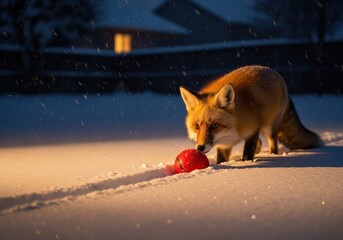 Red fox discovering a lost red toy ball in the fresh snow on a cold winter evening at dusk