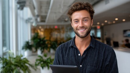 young man in a stylish modern office holding a tablet professional working atmosphere and greenery in background