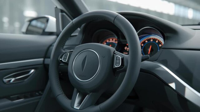 Modern car interior steering wheel and dashboard instrument panel with glowing gauge cluster, ambient vent lighting, sleek futuristic car panel feel