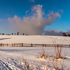 Snowy landscape with a rustic fence