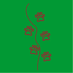 A winding line divides the canvas as red pawprints trail across green background, symbolizing movement, exploration, nature, and playful curiosity.