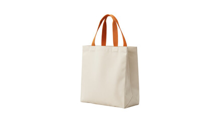 Beige canvas tote bag with orange handles isolated on transparent background, reusable eco-friendly...