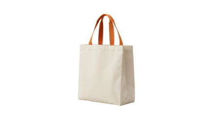 Beige canvas tote bag with orange handles isolated on transparent background, reusable eco-friendly shopping bag for groceries and everyday use