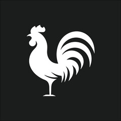 Simple rooster white vector logo, chicken design on black background, perfect for food branding, rustic farms, and packaging.