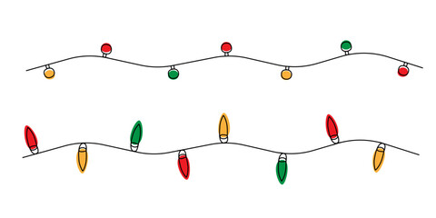 One line continuous illustration of holiday string lights, ideal for festive cards, invitations, banners, web graphics, social media posts, seasonal decor designs.
