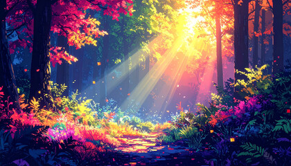 Fototapeta premium Vibrant forest background reimagined with pixelated textures, sunlight rendered as glowing digital squares, leaves and moss blending into abstract pixel art style, colorful and playful, ultra HD, no t