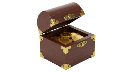Wooden treasure chest with gold coins isolated, antique box full of money for wealth and fortune...