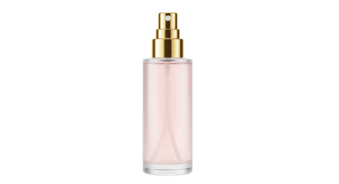 Elegant pink perfume bottle with gold accents isolated, beauty product on transparent background for cosmetics and fragrance advertising - Powered by Adobe