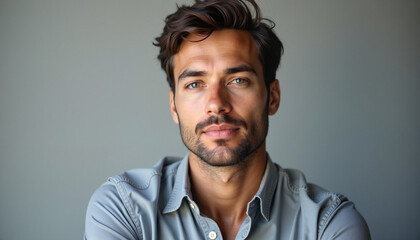 Obraz premium Confident young man in casual shirt, portrait on neutral background, with space for text 