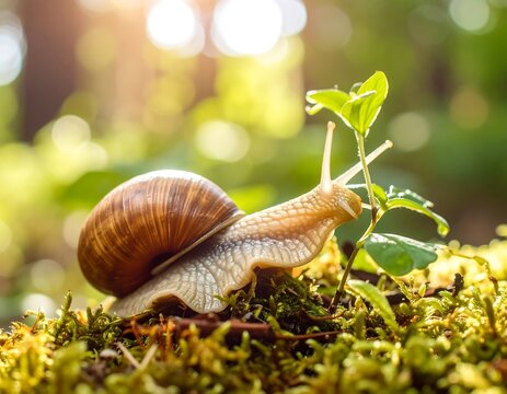 Snail on moss in sunlight - Powered by Adobe