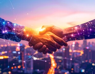 Abstract representation of a digital handshake over a vibrant city skyline at sunset, warm orange and purple tones, modern vector illustration, clean lines
